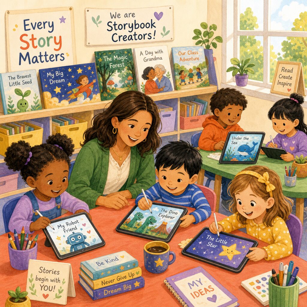 A bright classroom of children creating their own storybooks together