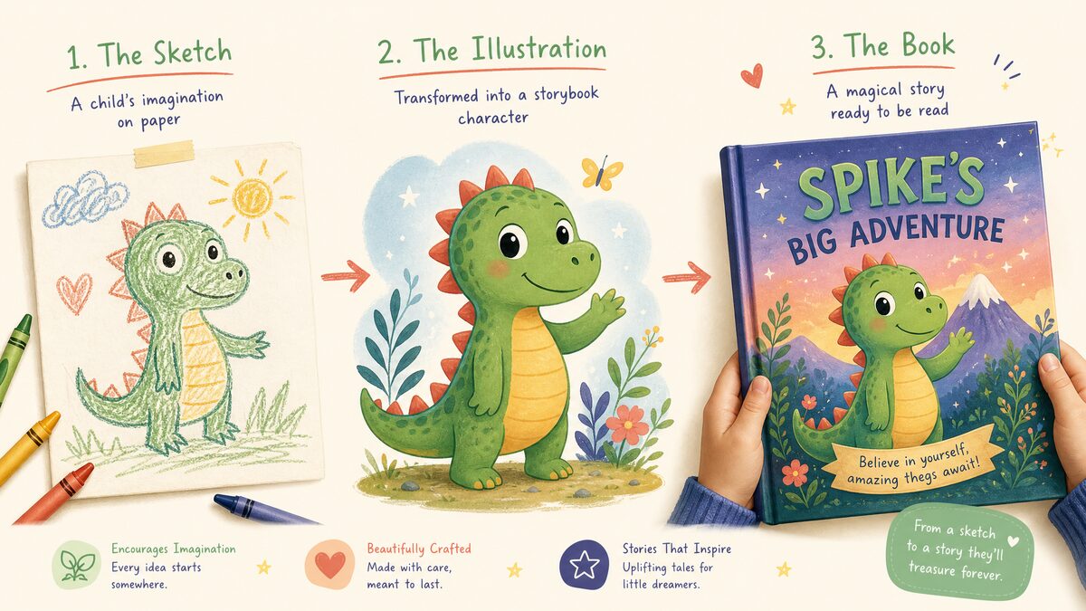 Three stages side by side: a child's crayon sketch, the same character as a polished storybook illustration, and the finished printed hardcover held in a child's hands