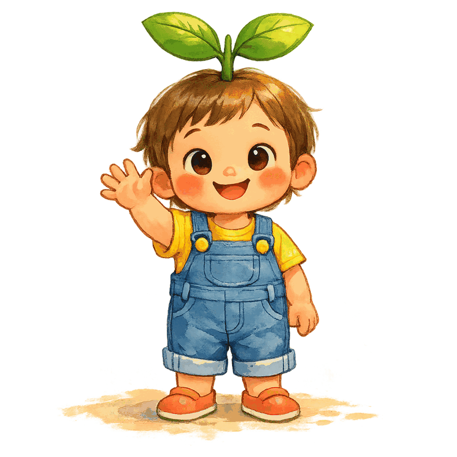 Sprig, the friendly sapling-headed kid mascot, waving hello